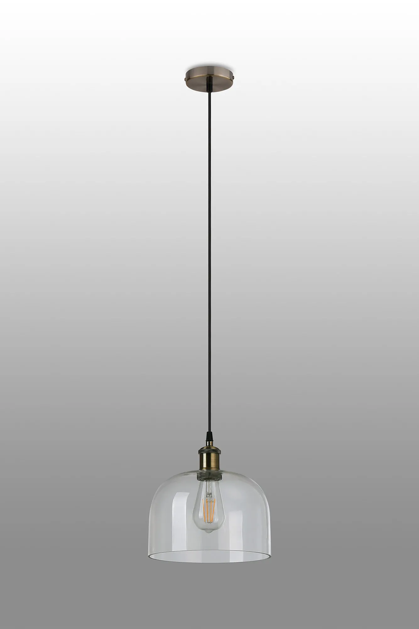 Cawdor Single Pendant, 1 Light E27, Antique Brass/Black/Clear Cloche Glass DK1138  Deco Cawdor